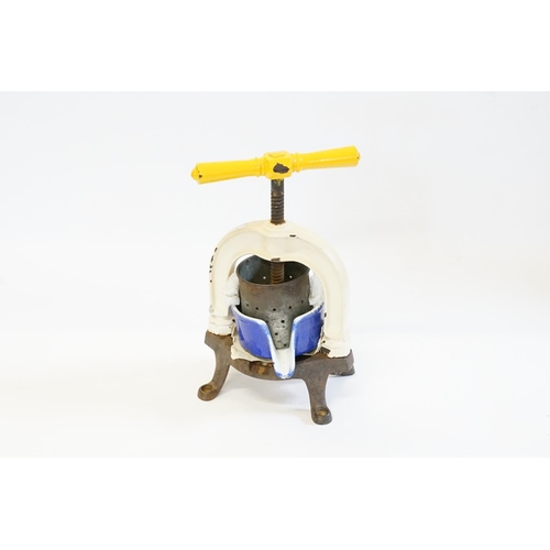 574 - An Antique Cast Iron Cheese Press finished in Cream & Blue.