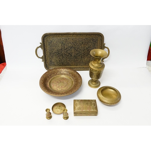 577 - An Indian Chassed & Enamel Brass Two Handled Tea Tray, a Bowl & other items of Indian Brass.