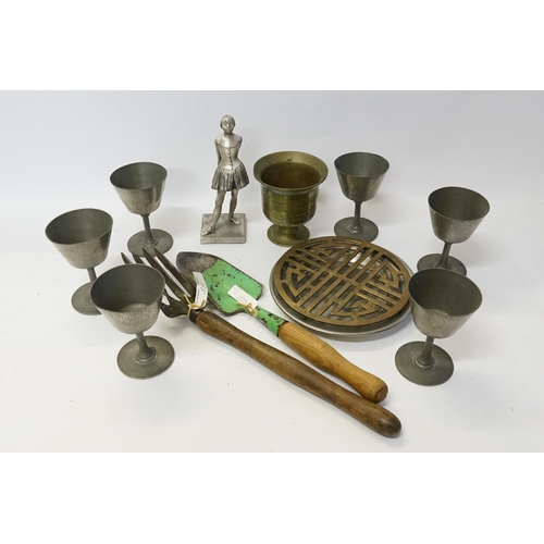 580 - 6 x Pewter Goblets, a Degrasse Study of a Ballerina, a Bell, a Trivet, Garden Tools, etc.