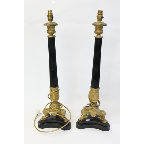 568 - A Pair of Empire Style Classical designed Metal mounted Torchiere Table Lamps with fluted Columns & ... 