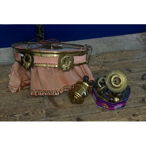 570 - An Edwardian Brass Rise & Fall Canopy Lamp with Pink Silk Hangings.