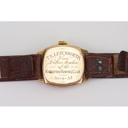 310 - A 1930s 9ct Gold Cased Gentleman's Wristwatch on a Brown Leather Strap owned by T.E. Letchworth pres... 