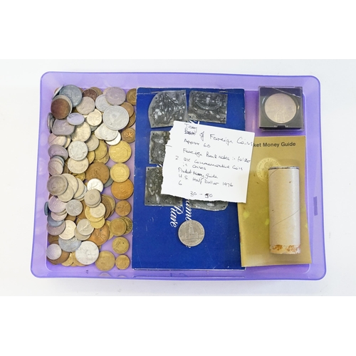 252 - A Tray of Coins to include Approximately 60+ Foreign Coins, Foreign Bank Notes in Folder, Two UK Com... 