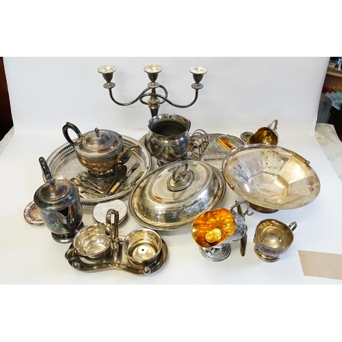 48 - A Box of Silver Plate to include a Sugar Bowl & Cream Jug, Entre Dish, Candlesticks, etc.