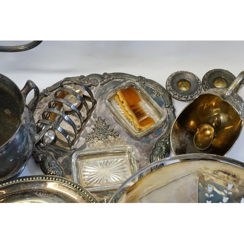 48 - A Box of Silver Plate to include a Sugar Bowl & Cream Jug, Entre Dish, Candlesticks, etc.