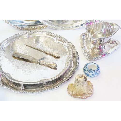 53 - Two Silver Plated Salvers, a Bread Dish, Sauce Boat, Plate Stand, Silver Mounted Shoe Horn, etc.