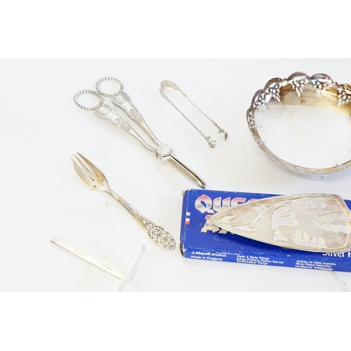 60 - A Silver mounted Hair Brush, Silver Plated Grape Scissors, Pin Dish, etc.