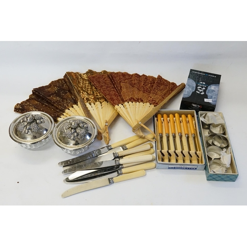 62 - Stainless Bladed Tea Knives, Napkin Rings, Silver Plated Topped Butter Dishes, Crystal Skull, three ... 