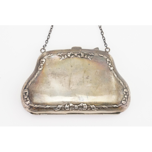 30 - A 1916 Bow Edge designed Silver Purse & Chain with Leather interior, marked R.D. 577663. Makers Mark... 