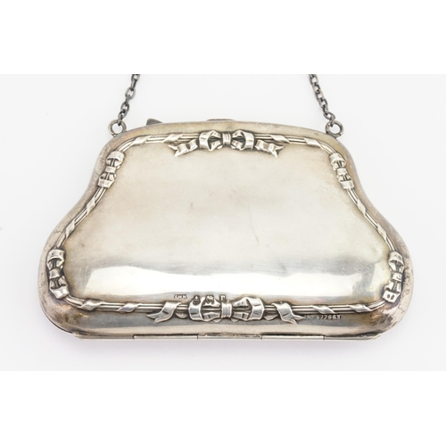 30 - A 1916 Bow Edge designed Silver Purse & Chain with Leather interior, marked R.D. 577663. Makers Mark... 