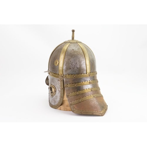 286 - An Iron & Brass Lobster Pot Helmet for the Polish Hussars with a Wooden Base.