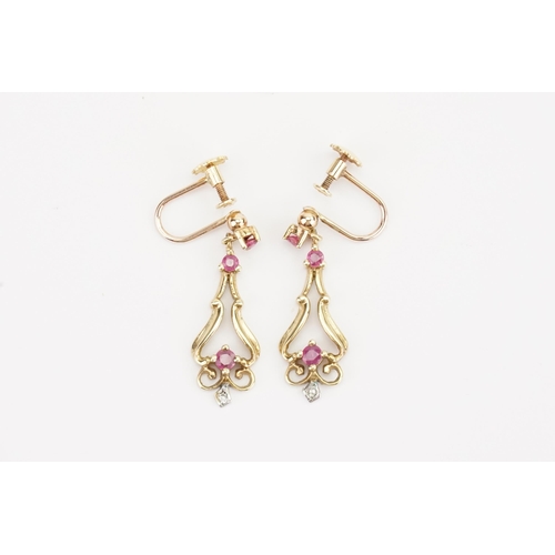 105 - A pair of 9ct Gold pink stone drop earrings. Weight 3.6g.