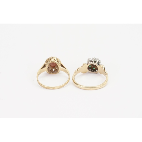 126 - Two 9ct Gold rings, set with green and red stones. Size N & L. Weight 5.2g.