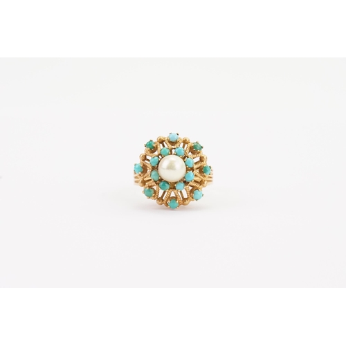 130 - A 9ct Gold Portuguese turquoise and pearl set ring, in a raised setting. Size P. Weight 6.6g.