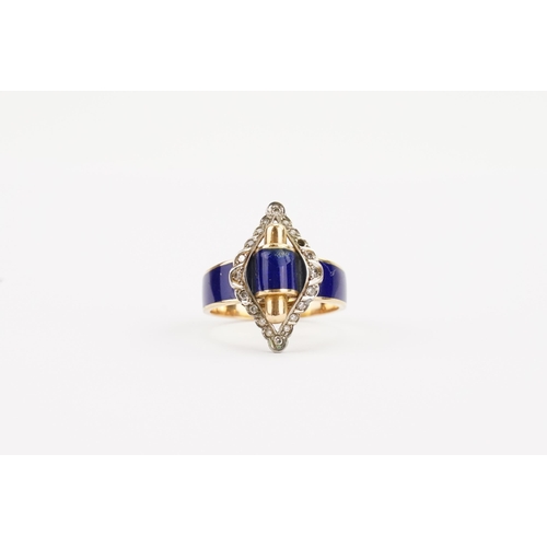 131 - A Portuguese 800 mark Diamond and enamelled ring, in the scroll design, with blue enamel. Surrounded... 