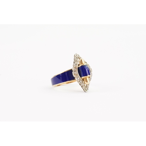 131 - A Portuguese 800 mark Diamond and enamelled ring, in the scroll design, with blue enamel. Surrounded... 