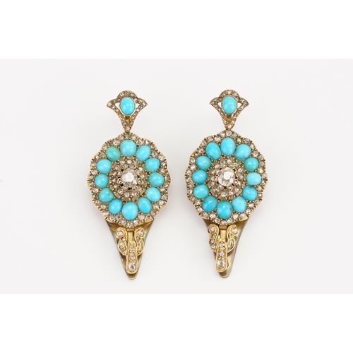 132 - A stunning pair of old cut diamond earrings converted to clasps, set with oval turquoise stones. Cir... 