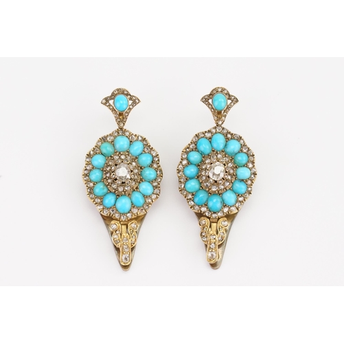 132 - A stunning pair of old cut diamond earrings converted to clasps, set with oval turquoise stones. Cir... 