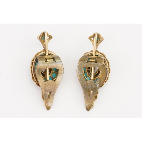 132 - A stunning pair of old cut diamond earrings converted to clasps, set with oval turquoise stones. Cir... 