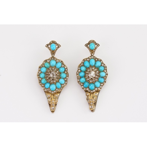 132 - A stunning pair of old cut diamond earrings converted to clasps, set with oval turquoise stones. Cir... 