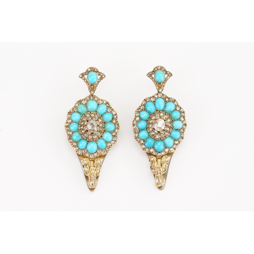 132 - A stunning pair of old cut diamond earrings converted to clasps, set with oval turquoise stones. Cir... 