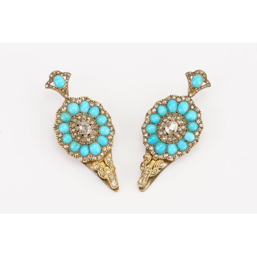 132 - A stunning pair of old cut diamond earrings converted to clasps, set with oval turquoise stones. Cir... 