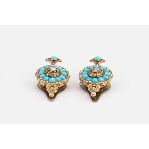 132 - A stunning pair of old cut diamond earrings converted to clasps, set with oval turquoise stones. Cir... 