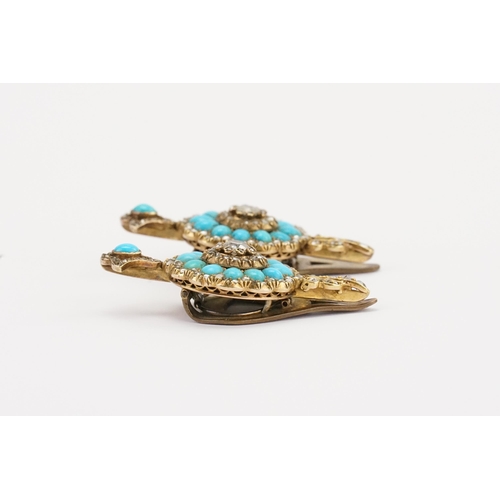 132 - A stunning pair of old cut diamond earrings converted to clasps, set with oval turquoise stones. Cir... 