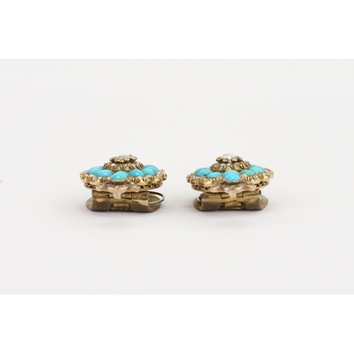 132 - A stunning pair of old cut diamond earrings converted to clasps, set with oval turquoise stones. Cir... 