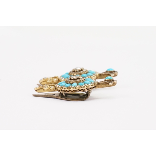 132 - A stunning pair of old cut diamond earrings converted to clasps, set with oval turquoise stones. Cir... 