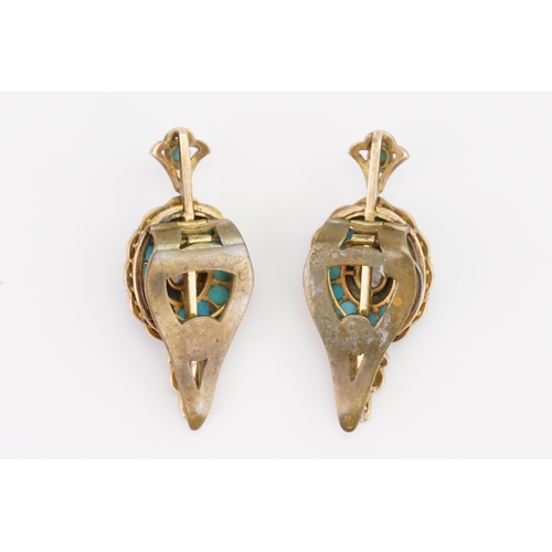 132 - A stunning pair of old cut diamond earrings converted to clasps, set with oval turquoise stones. Cir... 