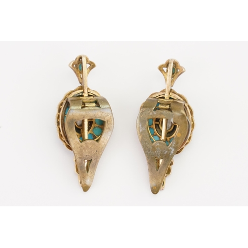 132 - A stunning pair of old cut diamond earrings converted to clasps, set with oval turquoise stones. Cir... 