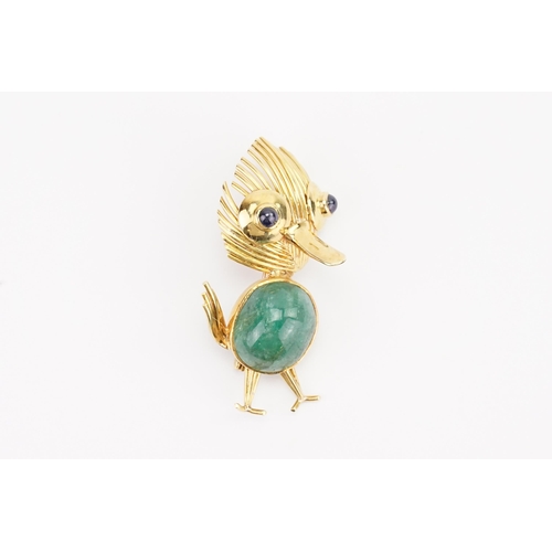 133 - A 18k Gold Sapphire and Jade set duckling brooch. Jade size approx. 14.6mm x 11.9mm. Brooch size 44m... 