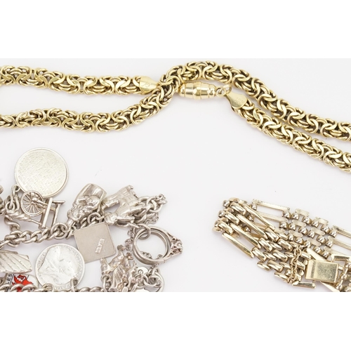 172 - A Silver Gold gilt necklace, along with a Silver charm bracelet and one unmarked.