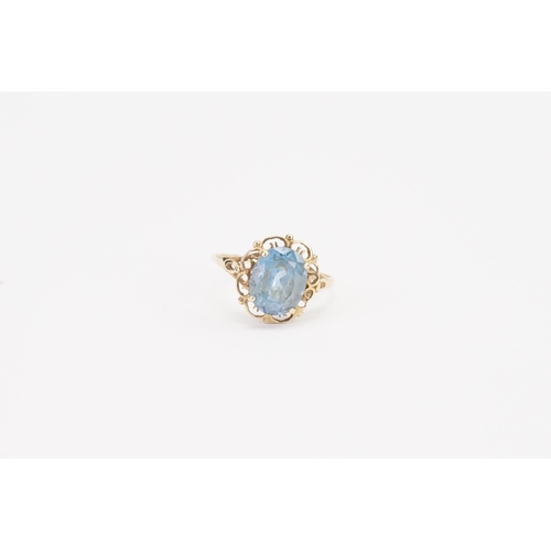 144 - A 9ct Gold blue stone set ring. Stone size approx 10mm x 7.9mm. Ring size N. Weight 2.1g.