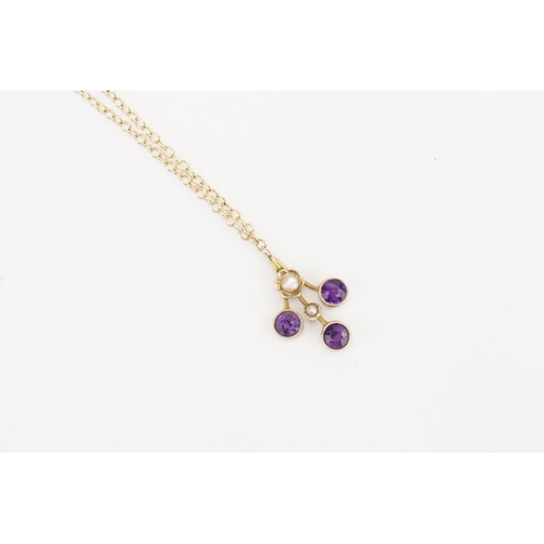 156 - A 9ct Gold Amethyst and pearl set pendant, set with three Amethysts and two pearls. Hung on a 9ct Go... 