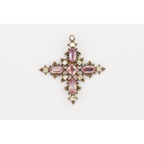 160 - A Victorian Gold coloured and Amethyst set cross brooch. Set with four oval Amethysts and one square... 