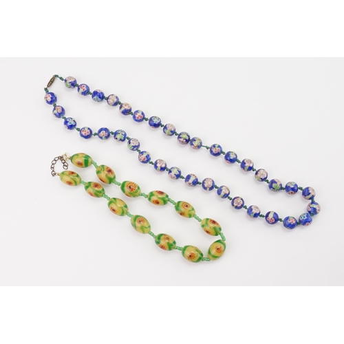 163 - A Chinese Floral decorated Blue Necklace & a Murano Glass Green & Yellow Floral Beed Necklace.