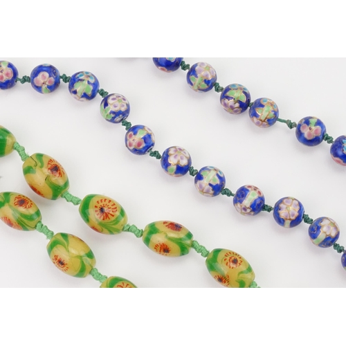 163 - A Chinese Floral decorated Blue Necklace & a Murano Glass Green & Yellow Floral Beed Necklace.