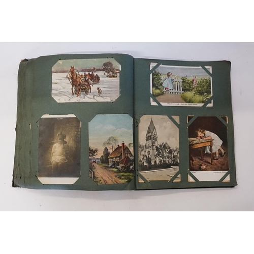 704 - An Album containing a selection of Post Cards & Silks to include a Biplane, River Scenes, Koln, Chro... 