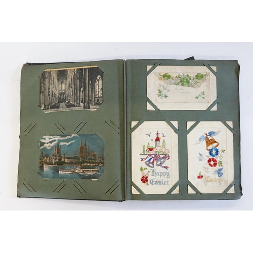 704 - An Album containing a selection of Post Cards & Silks to include a Biplane, River Scenes, Koln, Chro... 