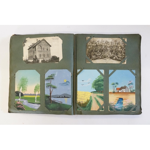 704 - An Album containing a selection of Post Cards & Silks to include a Biplane, River Scenes, Koln, Chro... 