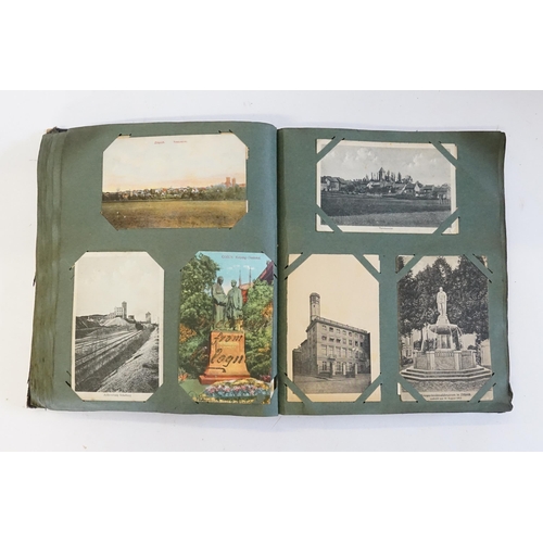 704 - An Album containing a selection of Post Cards & Silks to include a Biplane, River Scenes, Koln, Chro... 