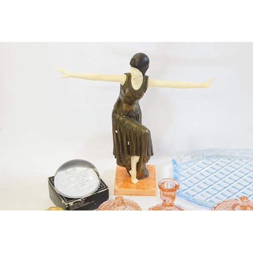 661 - A Resin Study of an Art Deco Dancer, an Art Deco Dressing Table Set, a Whitefriars Bubble Glass, etc... 