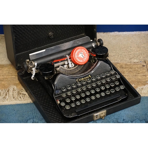 682 - A Corona Column Shift Double Ribbon, Up & Under Black Lacquered Typewriter in Original Case & along ... 