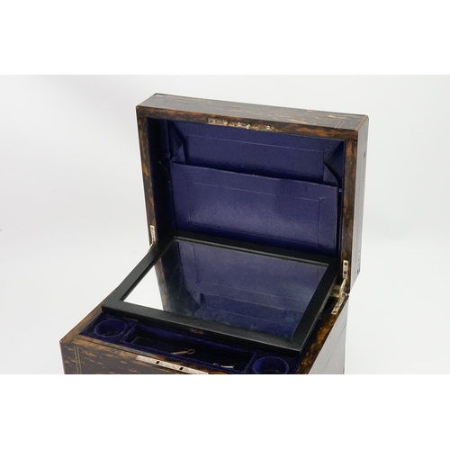 590 - A Ladies Victorian Coromandel Wood Travelling Toilet Box with a fitted interior, glass bottles & fit... 