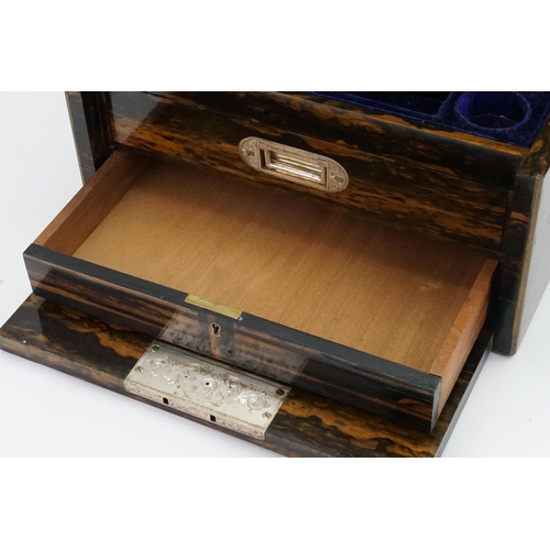 590 - A Ladies Victorian Coromandel Wood Travelling Toilet Box with a fitted interior, glass bottles & fit... 