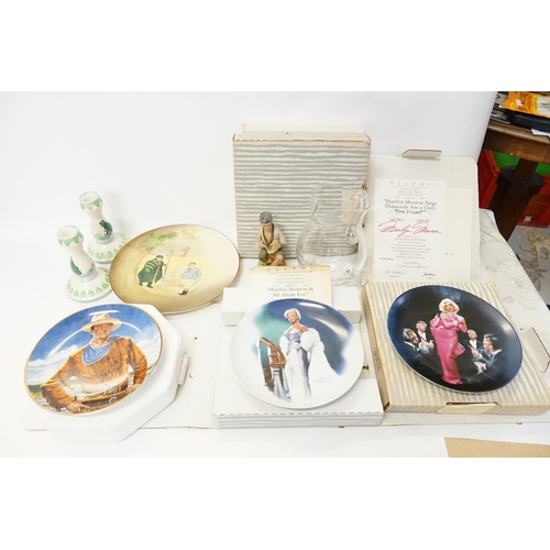 652 - Three Marilyn Monroe Collectors Plates, a Royal Doulton Fat Boy Plate, a Pair of Staffordshire Candl... 