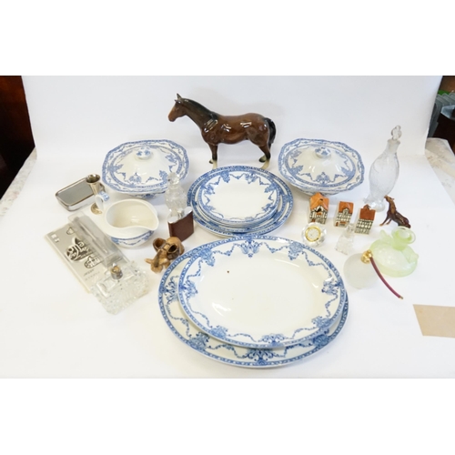 644 - A Beswick Cottage Ware Cruet Set, Blue bordered Part Dinner Set, a Horse, a Donkey, etc.