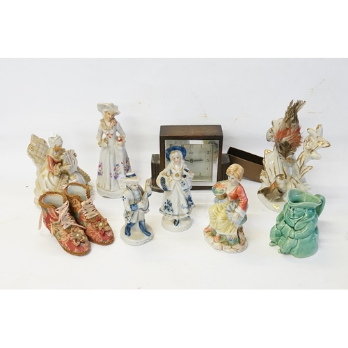 641 - A Collection of modern China Figurines, Toby Jug, Oak Clock, etc.